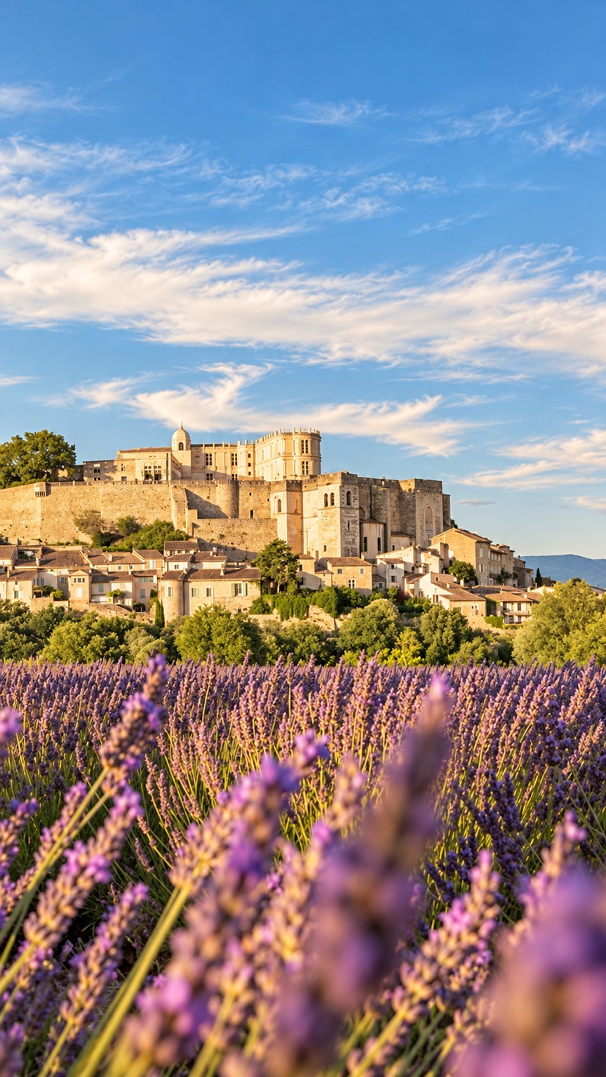 Village de Grignan et champs de lavande en Drôme provençale