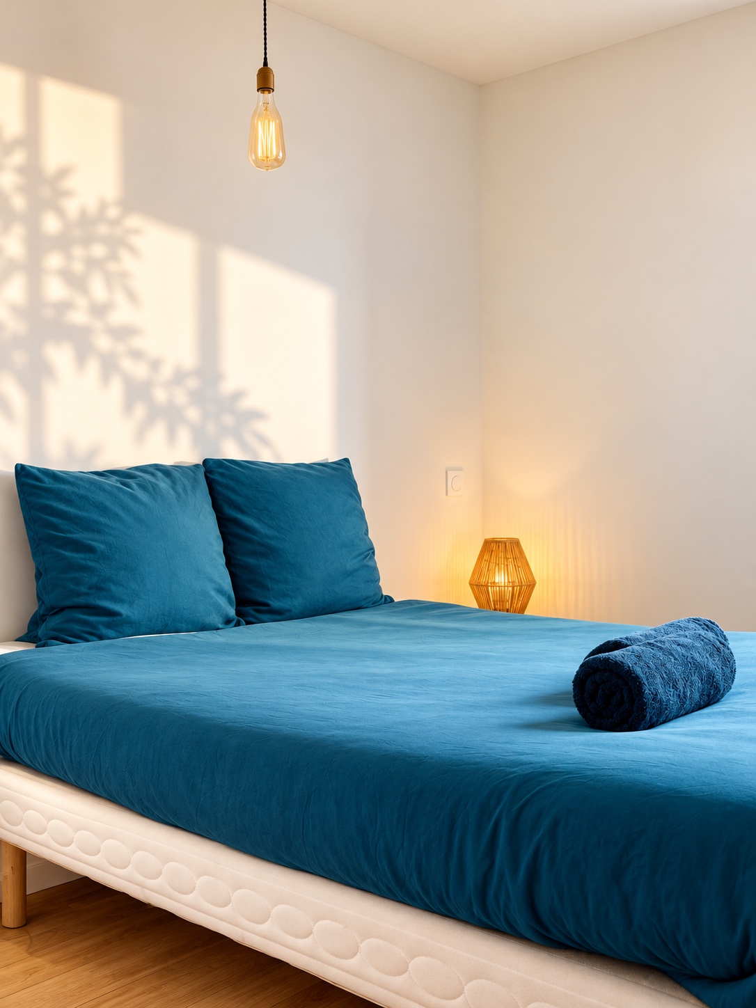 Chambre lumineuse aux draps bleus et éclairage doré