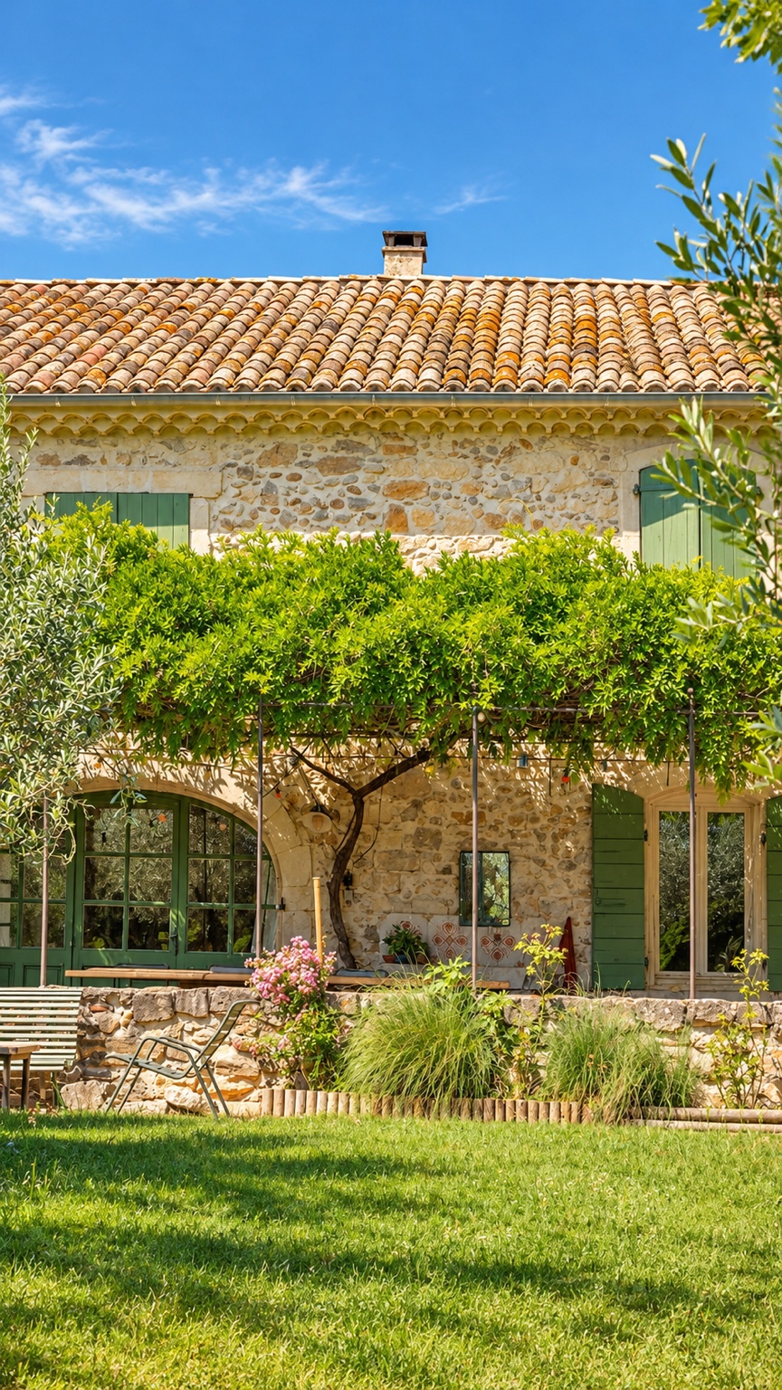 Mas provençal en pierres et volets verts, jardin fleuri