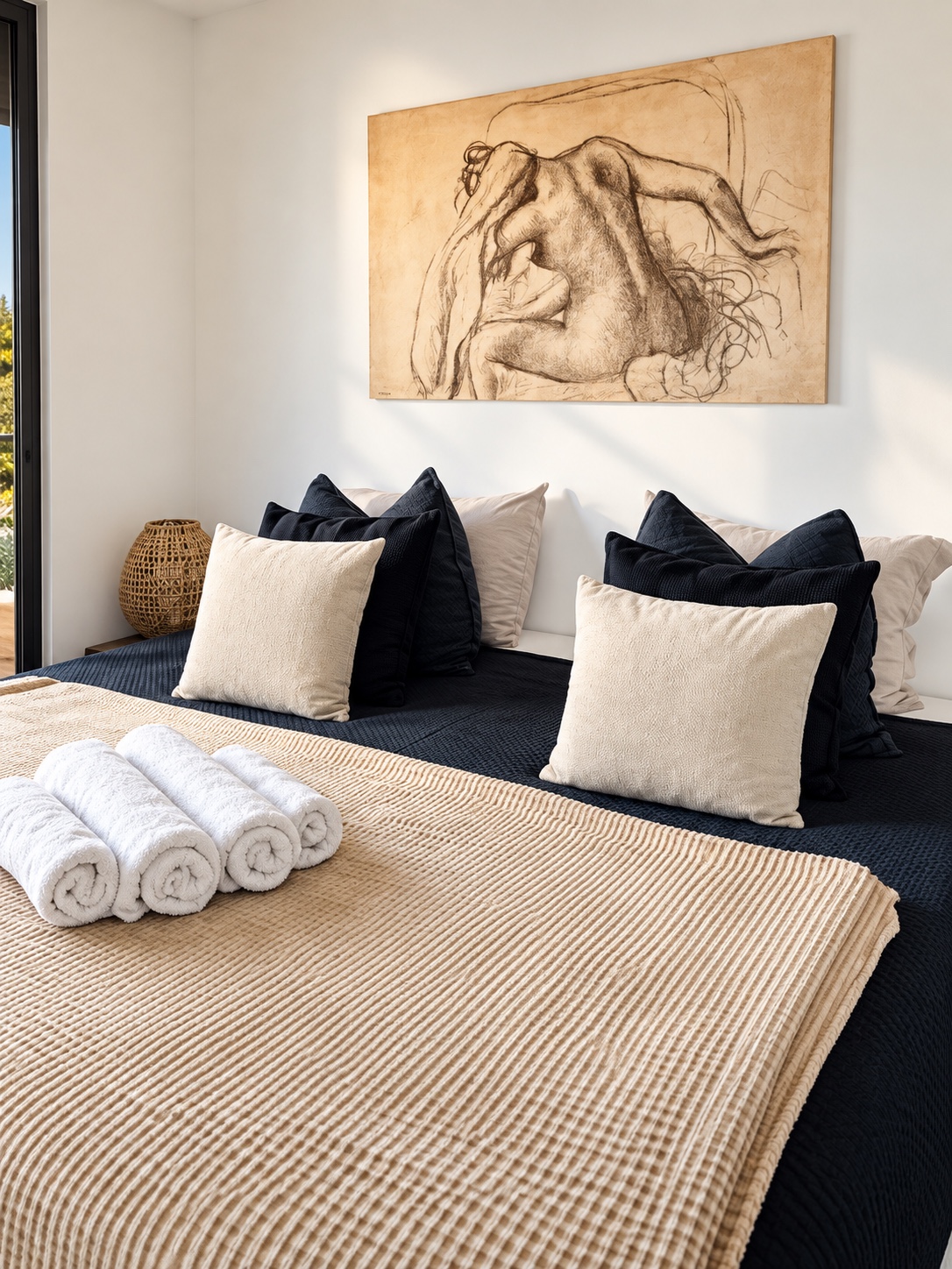 Chambre beige et noire préparée pour accueillir des voyageurs